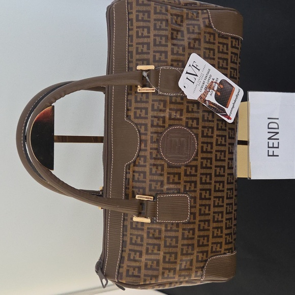 Fendi 1990s Zucca Coated Canvas Boston Bag w/textured leather- rare collectable